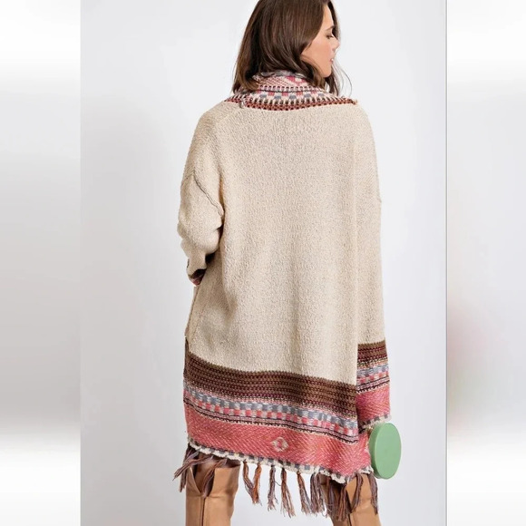 New! Easel Boho Tribal Pattern Fringe Detail Sweater Cardigan - Picture 4 of 5